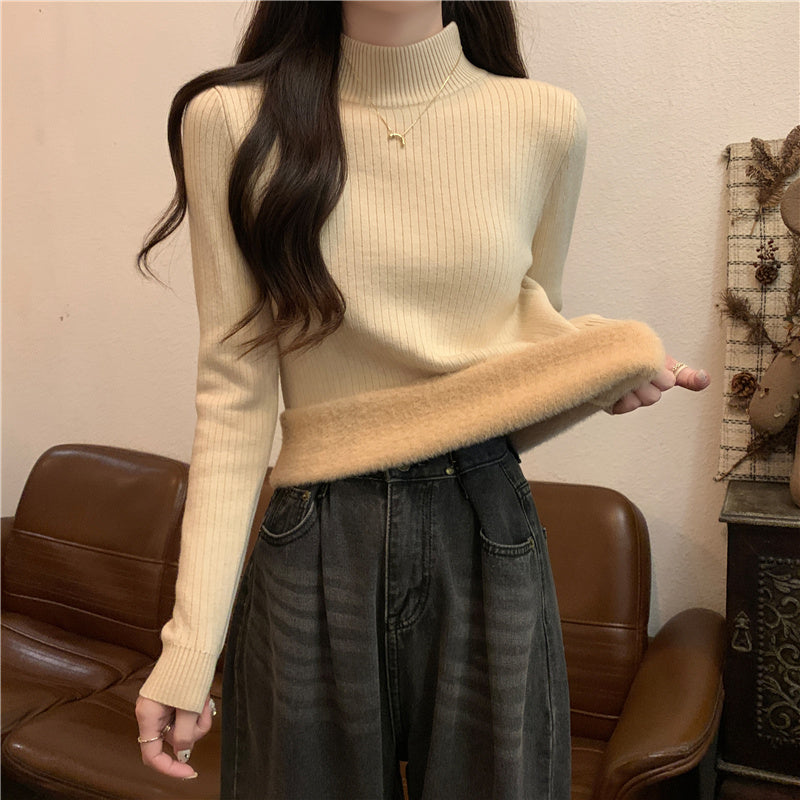 Autumn/Winter Half-High Neck Slim Fit Long Sleeve Base Knit Top Thick Fleece Warm White Sweater for Women