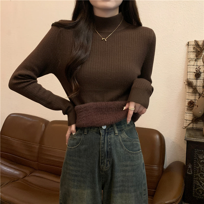 Autumn/Winter Half-High Neck Slim Fit Long Sleeve Base Knit Top Thick Fleece Warm White Sweater for Women